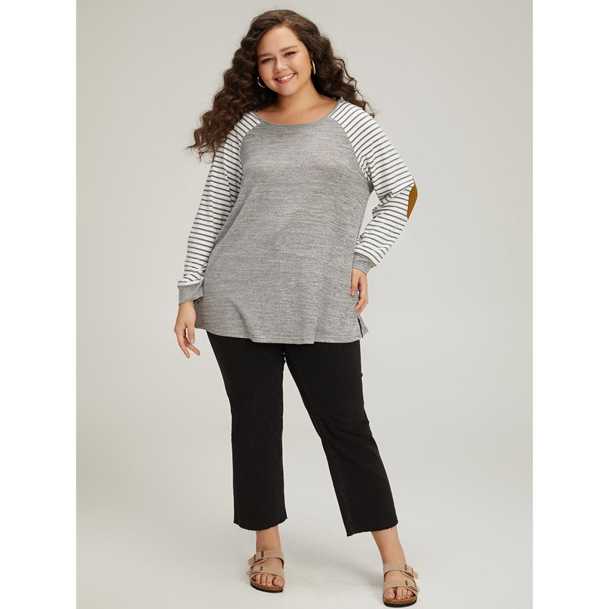 Plus Size Striped Raglan Sleeve Patched Split Side T-shirt Gray Women Casual Contrast Striped Round Neck Dailywear T-shirts BloomChic 10/M Product Image