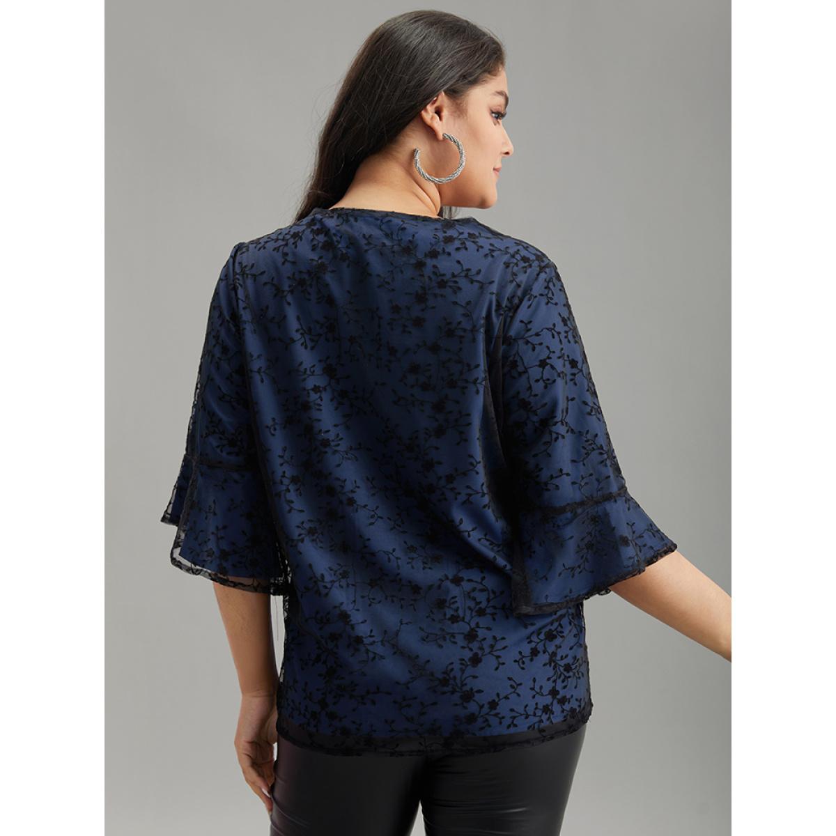 Plus Size DarkBlue Crochet Lace Mesh Bell Sleeve Blouse Women Cocktail Elbow-length sleeve V-neck Party Blouses BloomChic 12/L Product Image