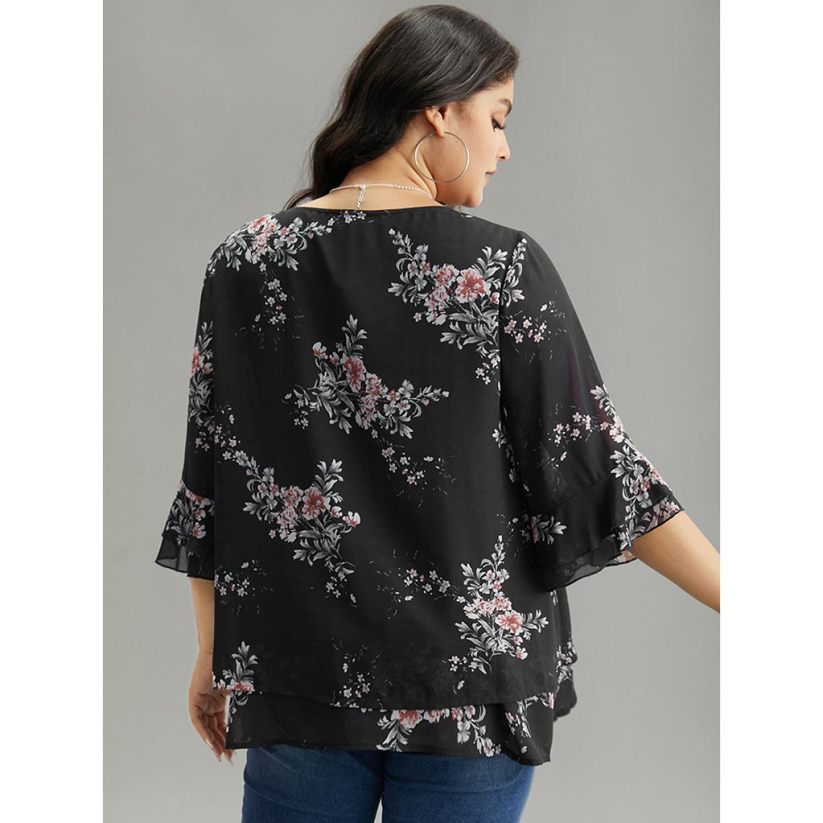 Plus Size BlackFlower Floral Chiffon Ruffle Sleeve Mesh Patchwork Blouse Women Elegant Elbow-length sleeve Round Neck Everyday Blouses BloomChic 12/L Product Image