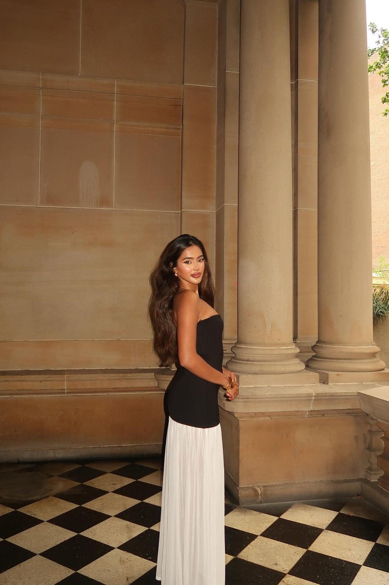 Mary Strapless Drop Waist Maxi Dress - Black/White Product Image