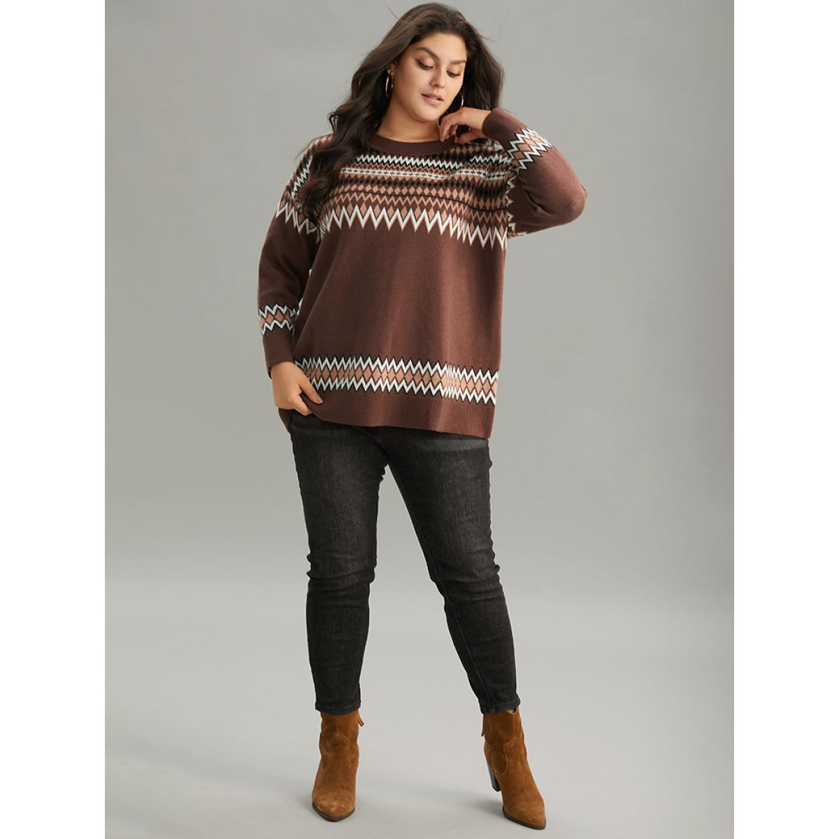 Plus Size Supersoft Essentials Bandana Print Drop Shoulder Pullover Multicolor Women Casual Loose Long Sleeve Round Neck Festival-Christmas Pullovers BloomChic 10/M Product Image