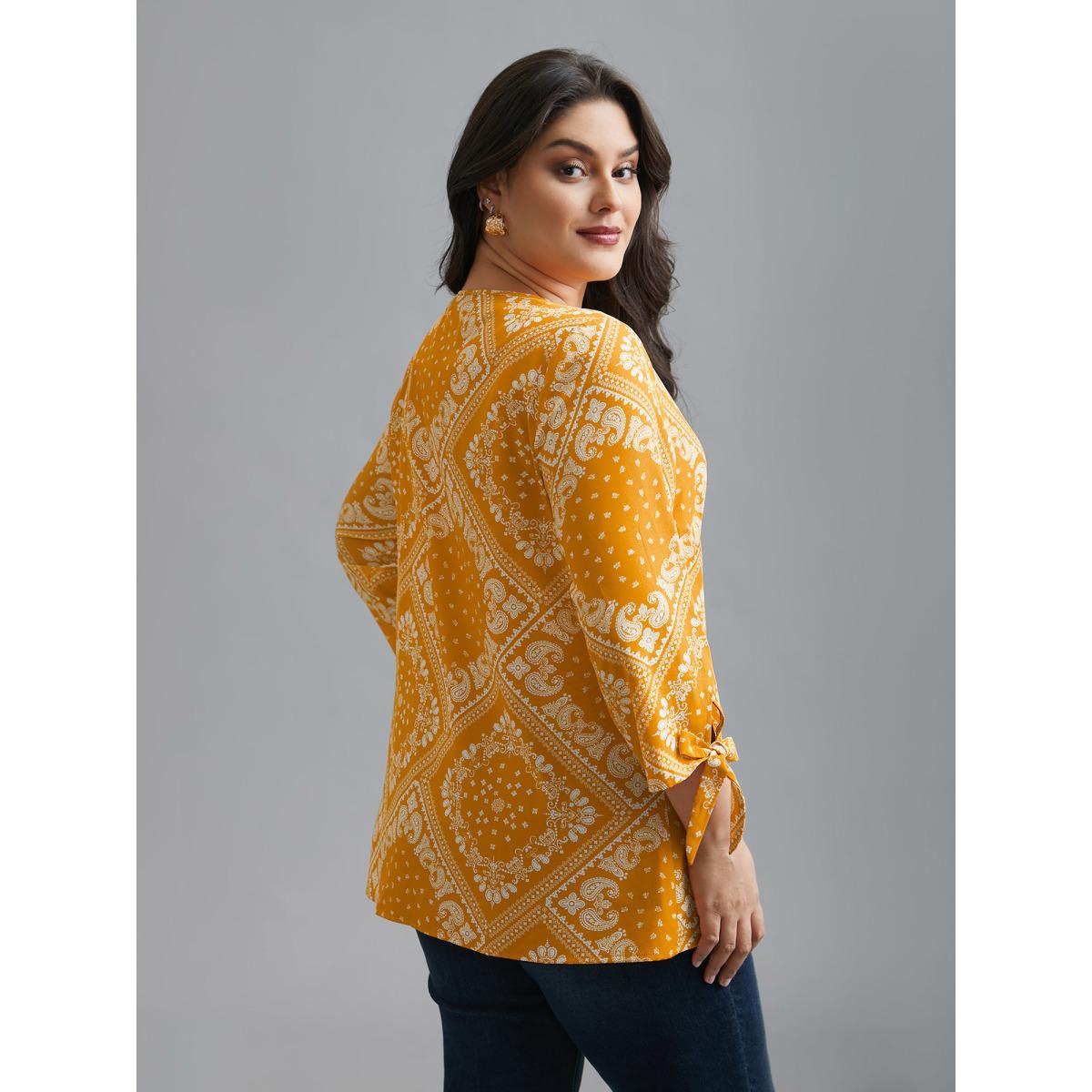 Plus Size Turmeric Round Neck Bandana Print Sleeve Tie Blouse Women Elegant Elbow-length sleeve Round Neck Everyday Blouses BloomChic 18-20/2X Product Image