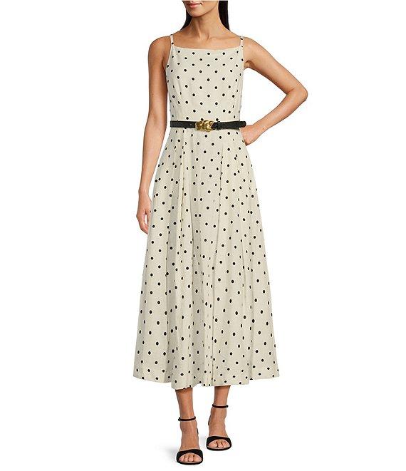 Donna Karan Linen Boat Neck Sleeveless Belted A Line Midi Dress Product Image