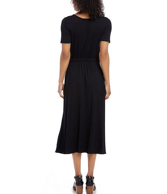 Karen Kane Cinched Waist Round Neck Short Sleeve Pocketed Artisan Midi Dress Product Image