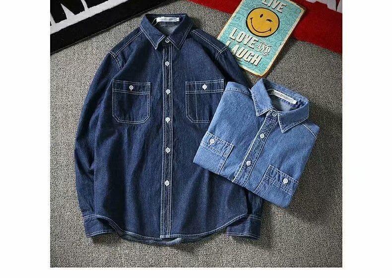 Long Sleeve Collared Washed Denim Shirt Product Image