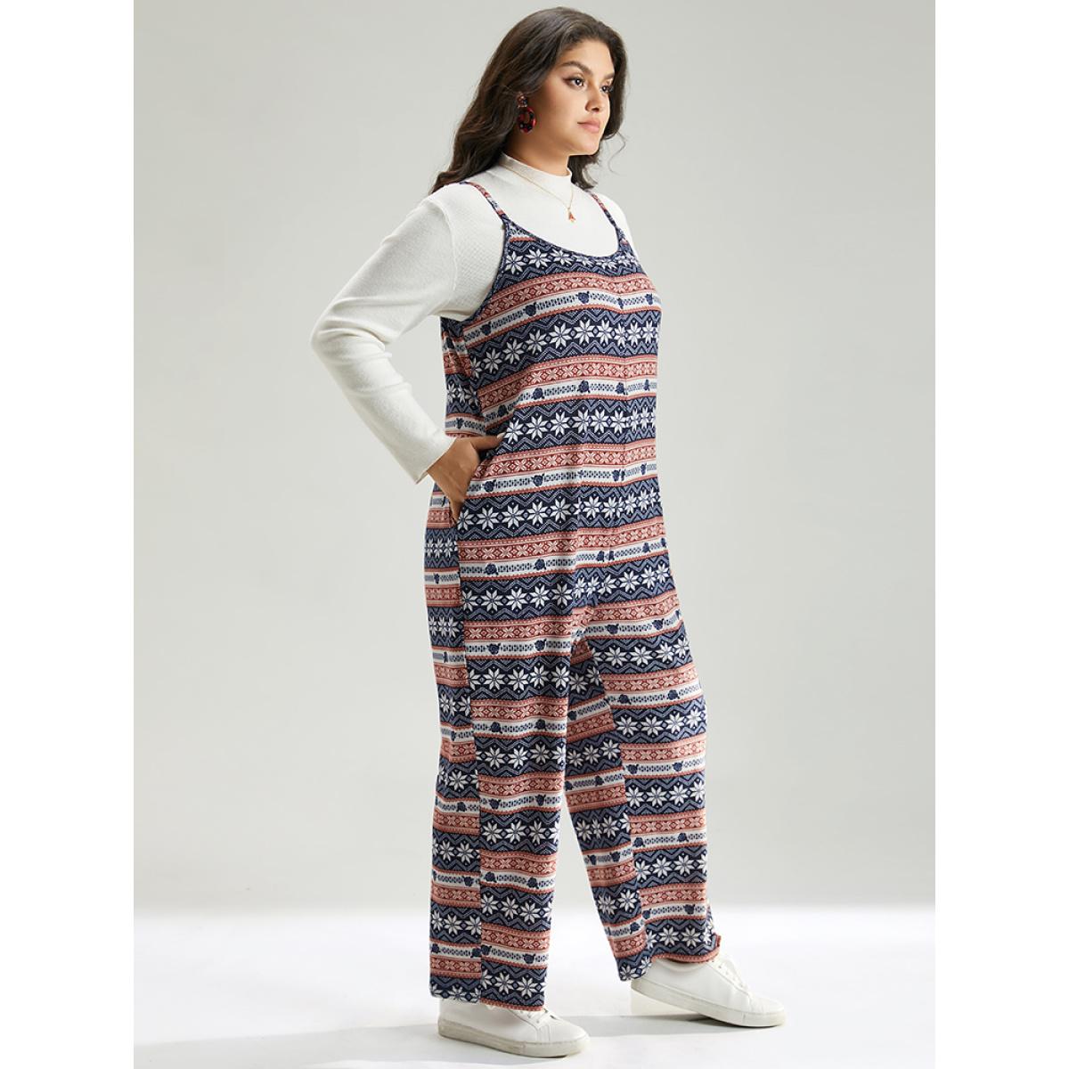 Plus Size DarkBlue Snowflake Graphic Pocket Overall Cami Jumpsuit Women Elegant Sleeveless Spaghetti Strap Dailywear Loose Jumpsuits BloomChic 10/M Product Image