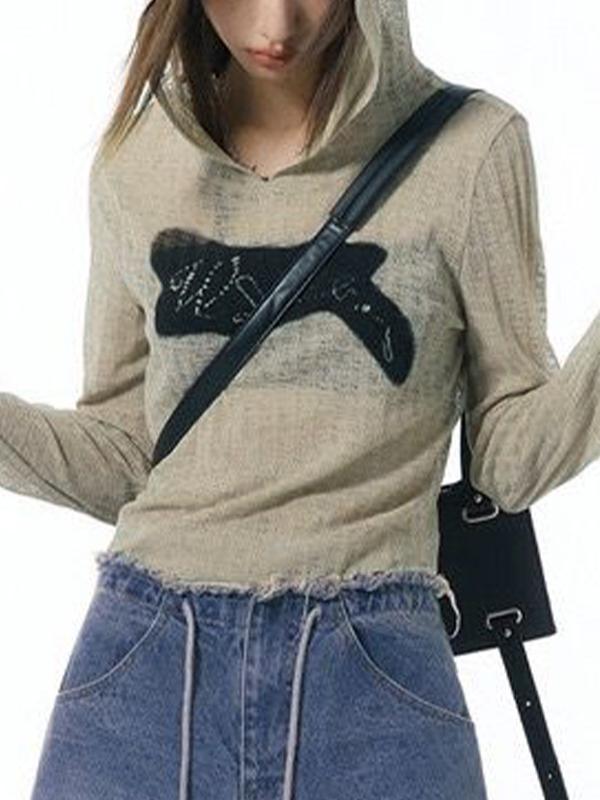 Print Patched Ribbed Design Thin Long Sleeve Knit Product Image