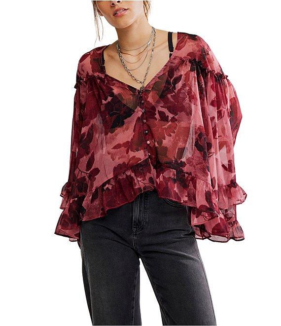Free People Day Dreaming Floral Print V-Neck Long Sleeve Woven Top Product Image