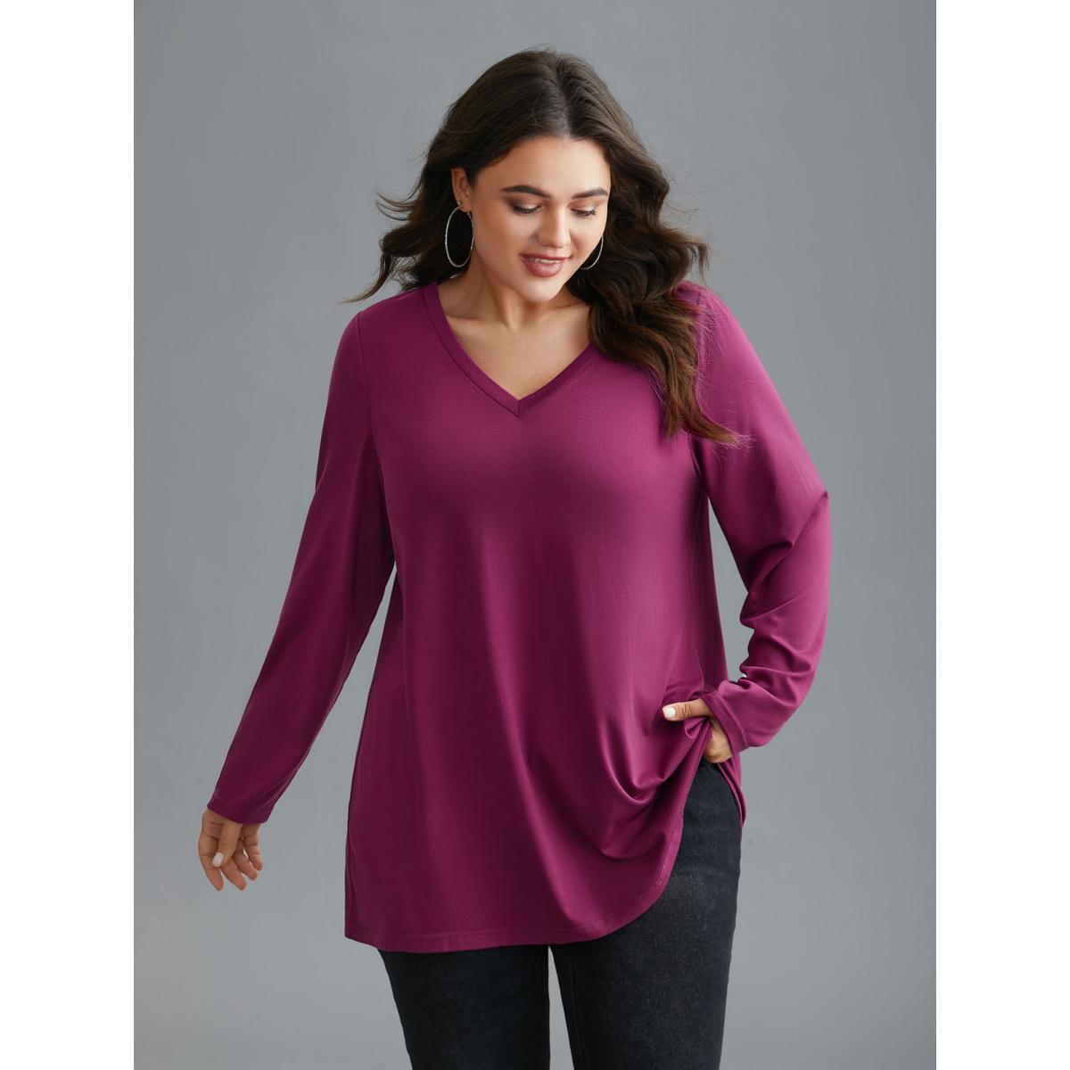 Plus Size Solid V Neck Basic T-shirt Deeppurplered Women Casual Non V-neck Loose Everyday T-shirts BloomChic 30/6X Product Image