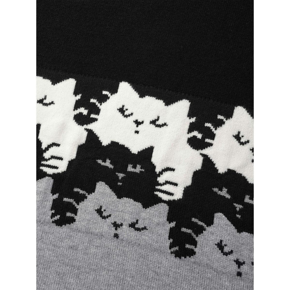 Plus Size Cat Contrast Drop Shoulder Pullover Black Women Playful Loose Long Sleeve Round Neck Casual Pullovers BloomChic 12/L Product Image