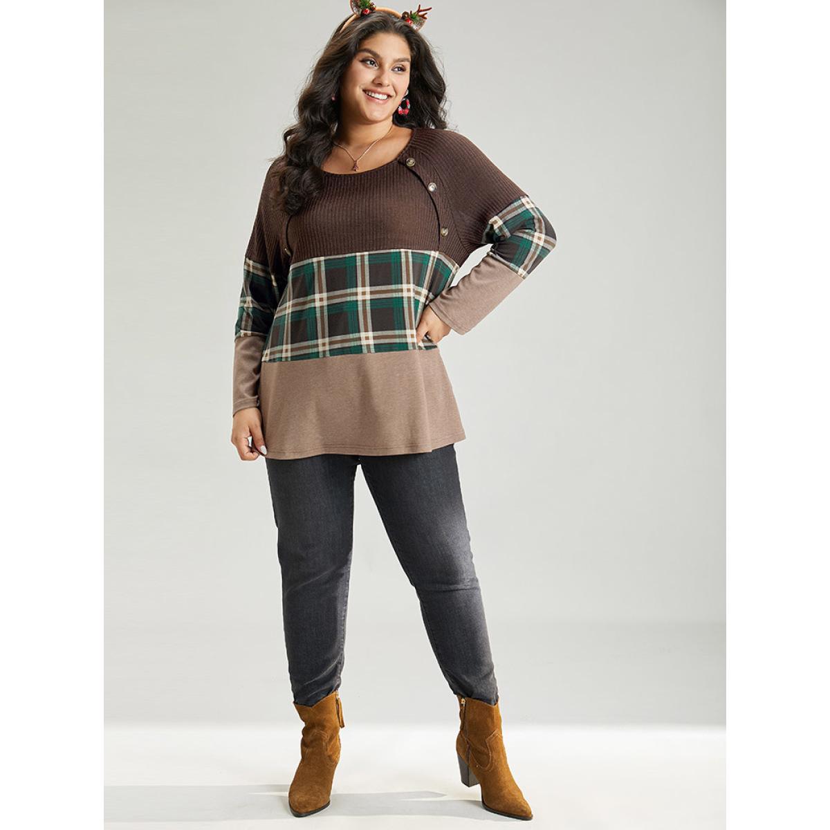 Plus Size Colorblock Plaid Patchwork Button Detail T-shirt DarkBrown Women Casual Contrast Plaid Round Neck Festival-Christmas T-shirts BloomChic 14-16/1X Product Image