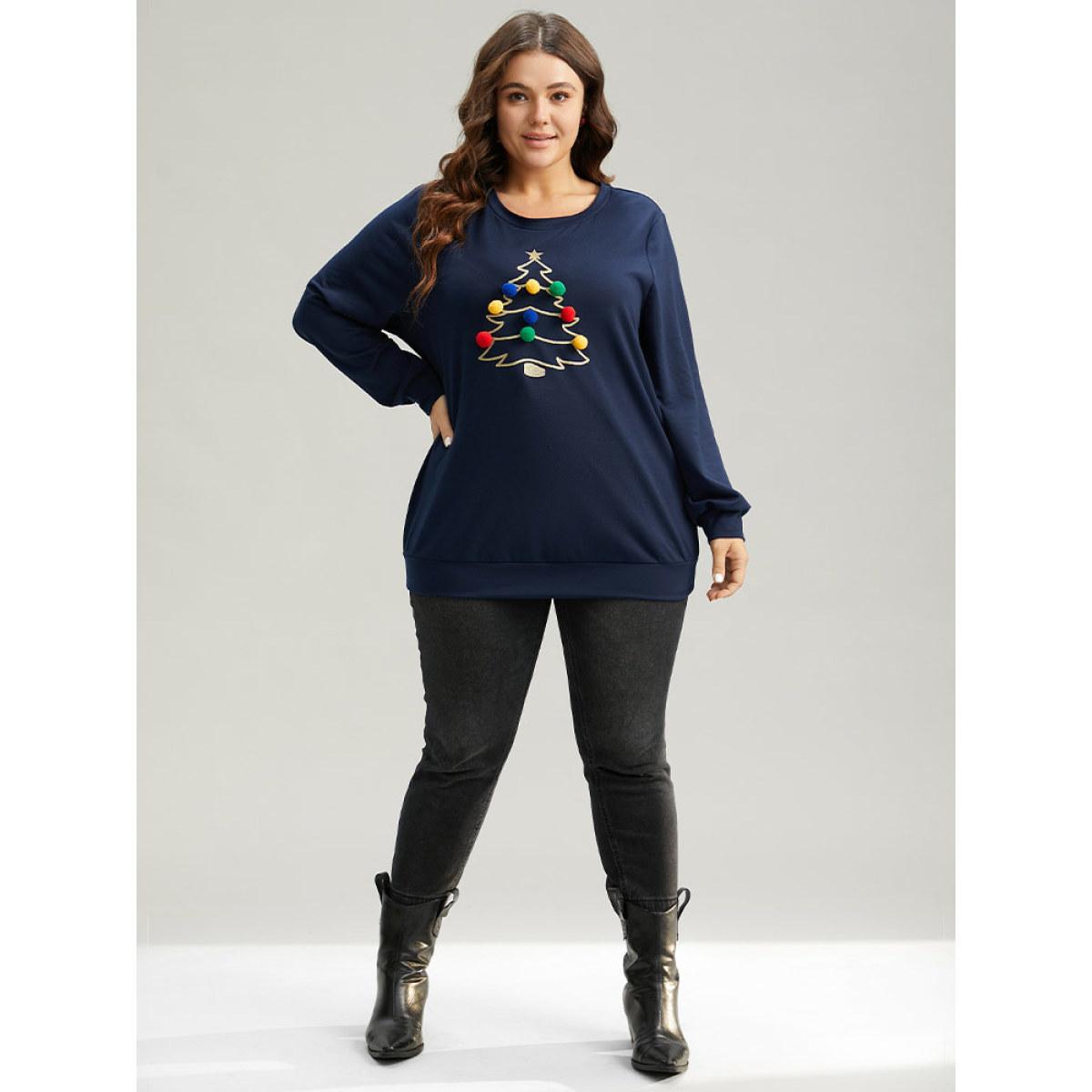 Plus Size Christmas Tree Fluffy Ball Crew Neck Sweatshirt Women Indigo Casual Contrast Festival-Christmas Sweatshirts BloomChic 14-16/1X Product Image