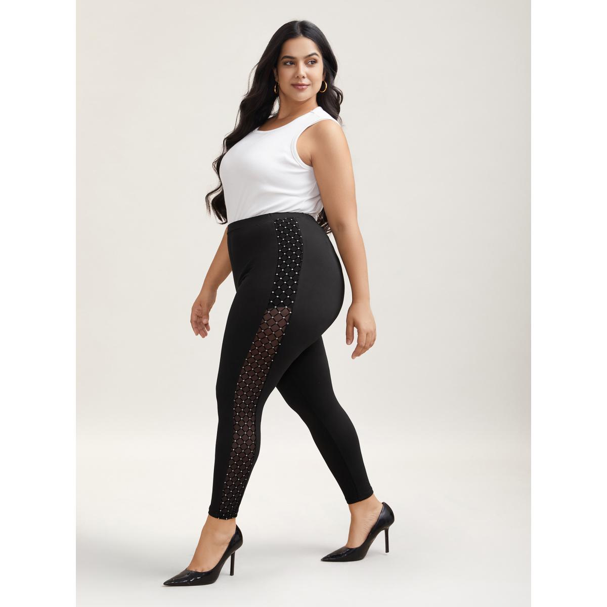 Plus Size Mesh Spliced Skinny-Fit Leggings Women Black Elegant High stretch Skinny Mid Rise Everyday Leggings BloomChic 10/M Product Image