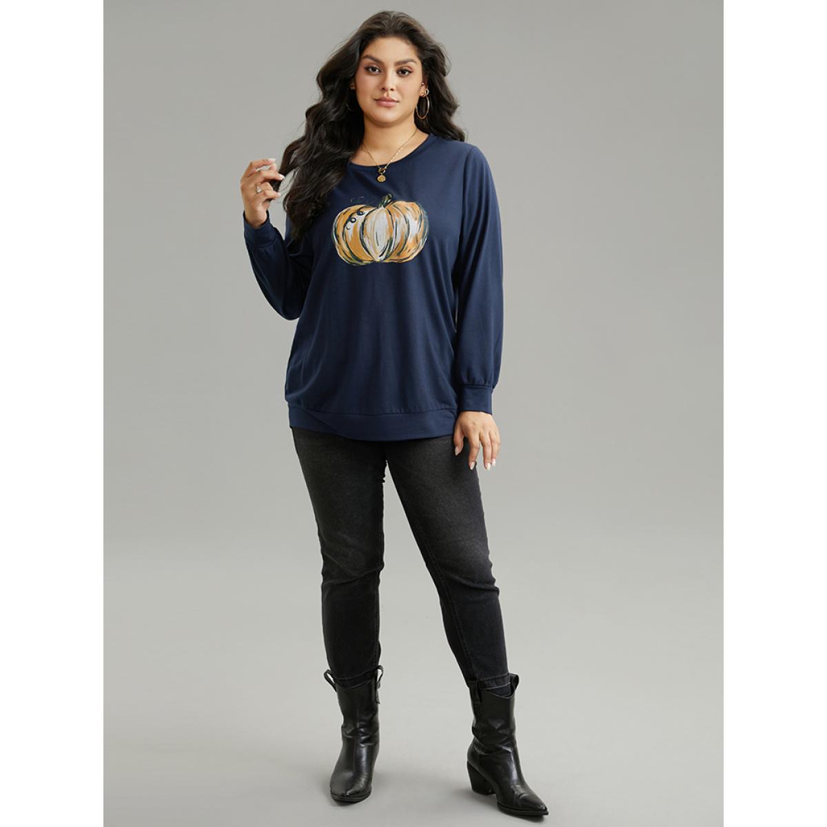 Plus Size Round Neck Pumpkin Print Sweatshirt Women Indigo Casual Printed Dailywear Sweatshirts BloomChic 12/L Product Image
