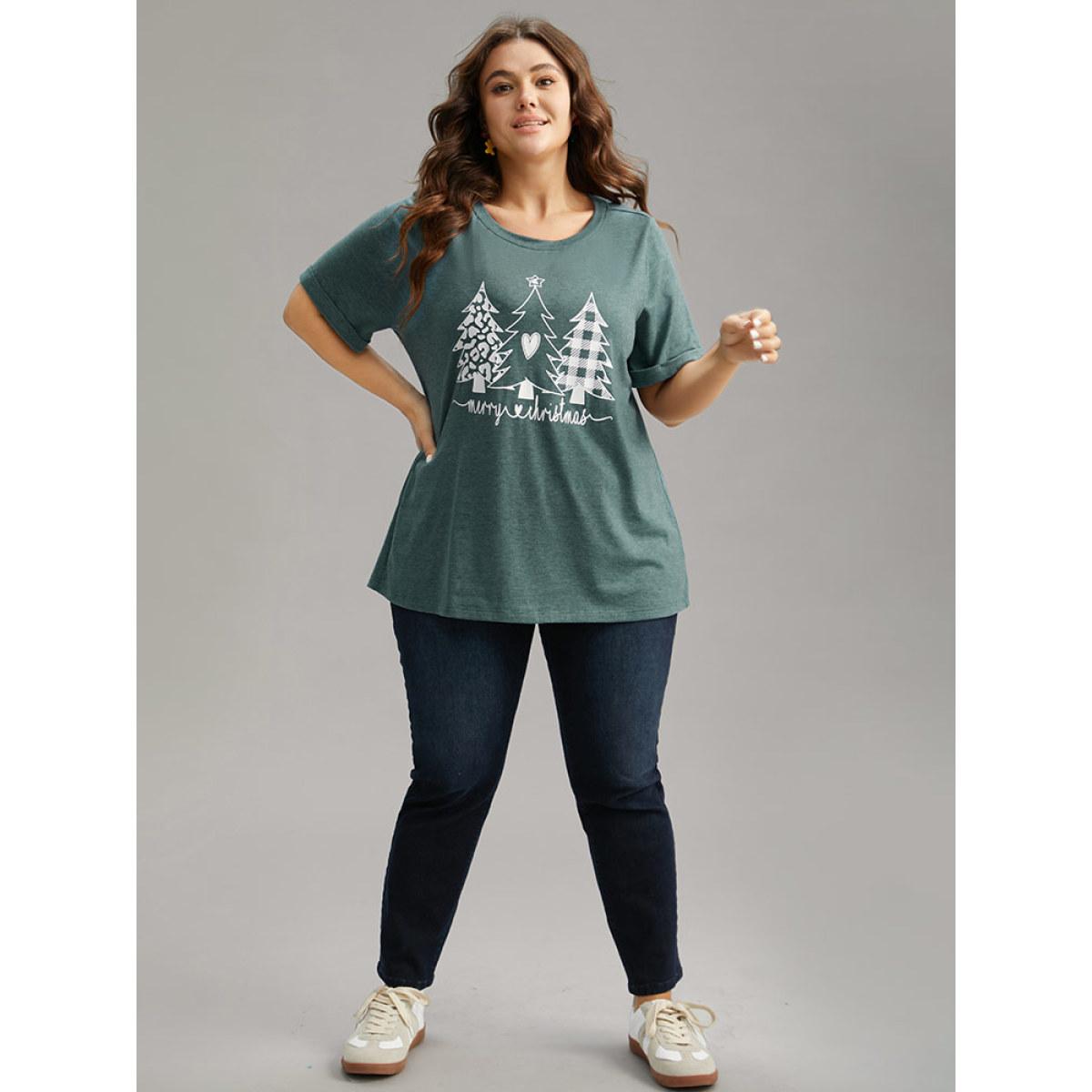 Plus Size Christmas Trees Print Cuffed Sleeve T-shirt DarkGreen Women Casual Printed Christmas Festival-Christmas T-shirts BloomChic 10/M Product Image