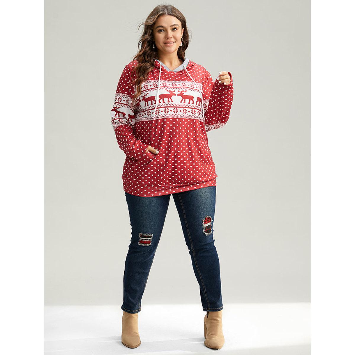 Plus Size Christmas Elk Contrast Kangaroo Pocket Hooded Sweatshirt Women Red Casual Printed Hooded Festival-Halloween Sweatshirts BloomChic 10/M Product Image
