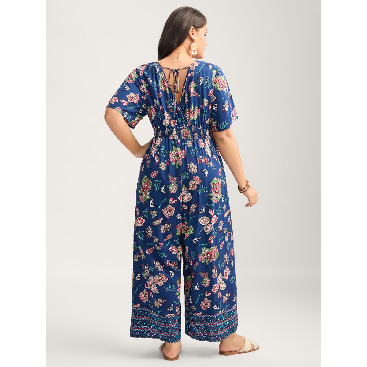 Plus Size DarkBlue Rayon Tropical Vibes Pockets Jumpsuit Women Short sleeve V-neck Vacation Loose Jumpsuits BloomChic 12/L Product Image