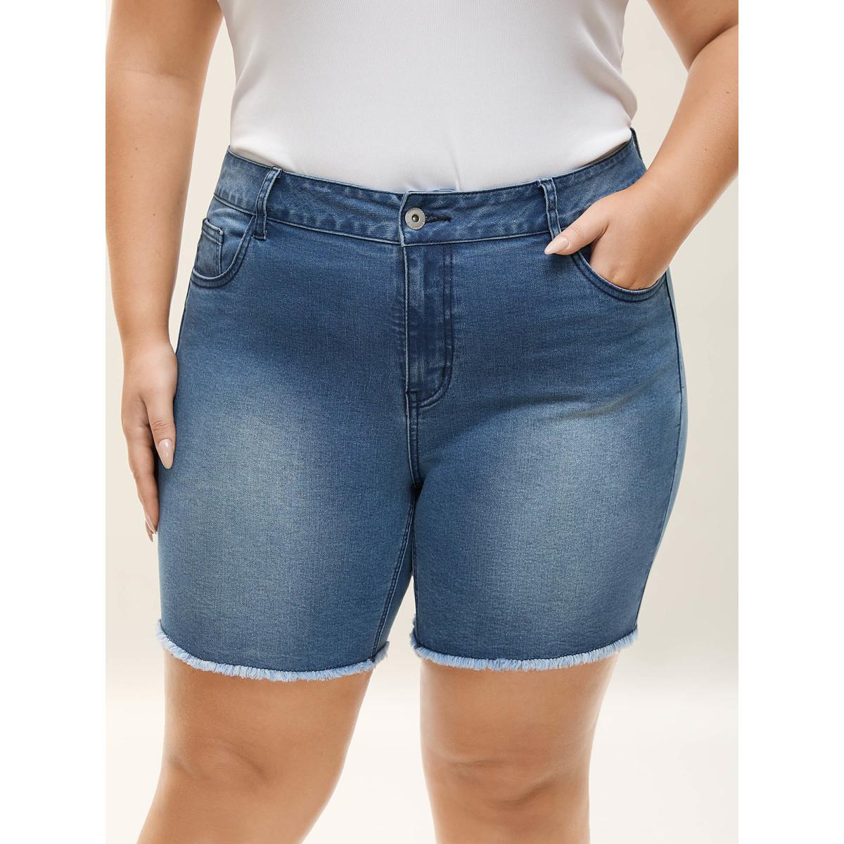 Plus Size Frayed Hem High Rise Denim Shorts Women Midblue Medium stretch Everyday-Casual Slanted pocket Denim Shorts BloomChic 16/1X Product Image