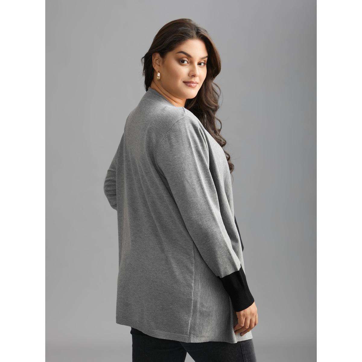 Plus Size Contrast Kimono Collar Asymmetrical Hem Cardigan Mediumgray Women Casual Loose Long Sleeve Everyday Cardigans BloomChic 10/M Product Image