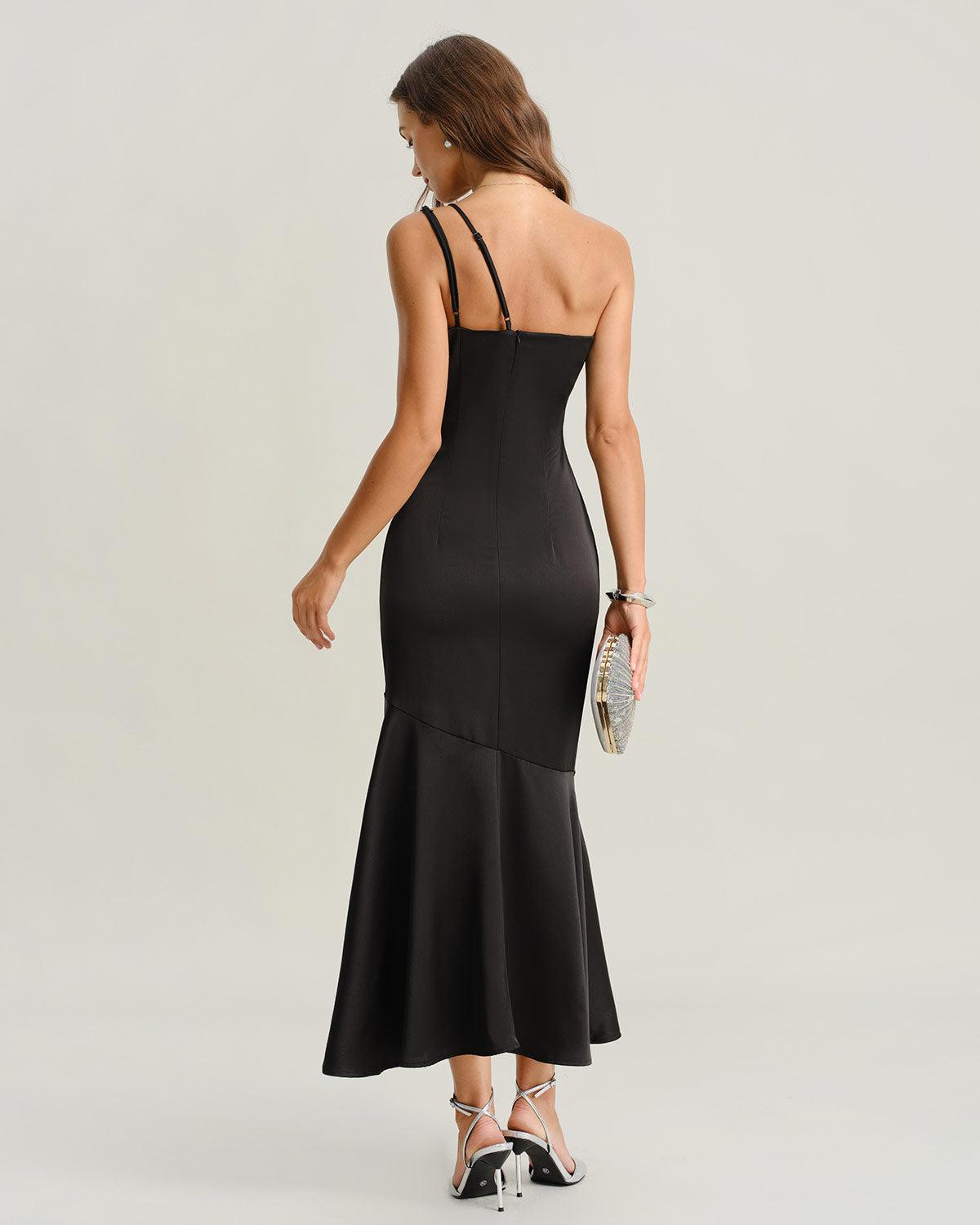 Black One Shoulder Mermaid Slip Midi Dress Product Image
