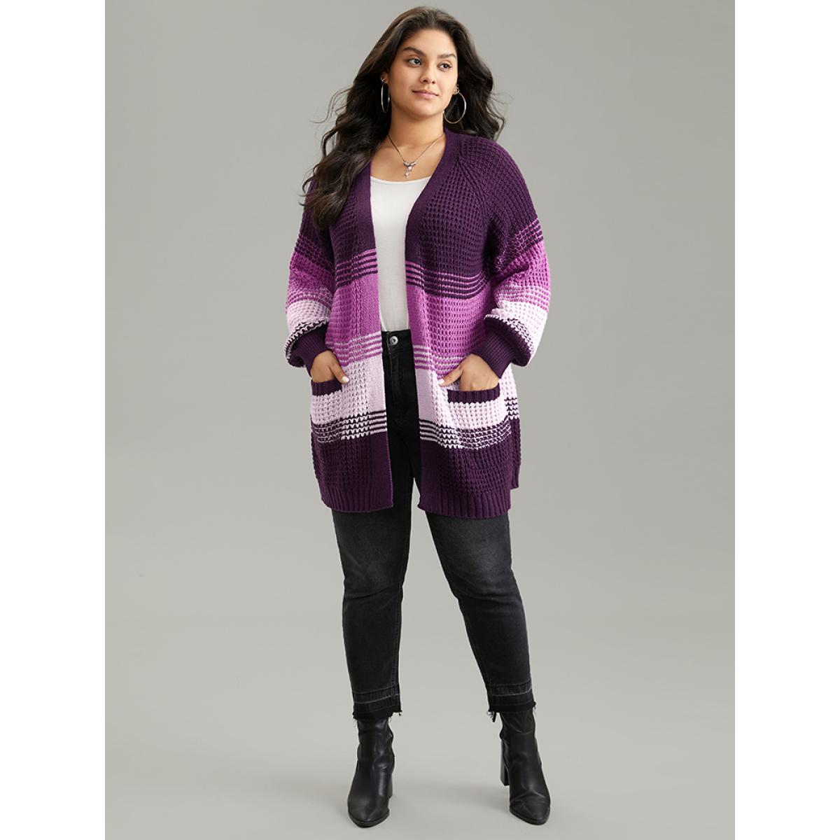 Plus Size Colorblock Contrast Pocket Raglan Sleeve Cardigan Eggplant Women Casual Loose Long Sleeve Dailywear Cardigans BloomChic 22-24/3X Product Image
