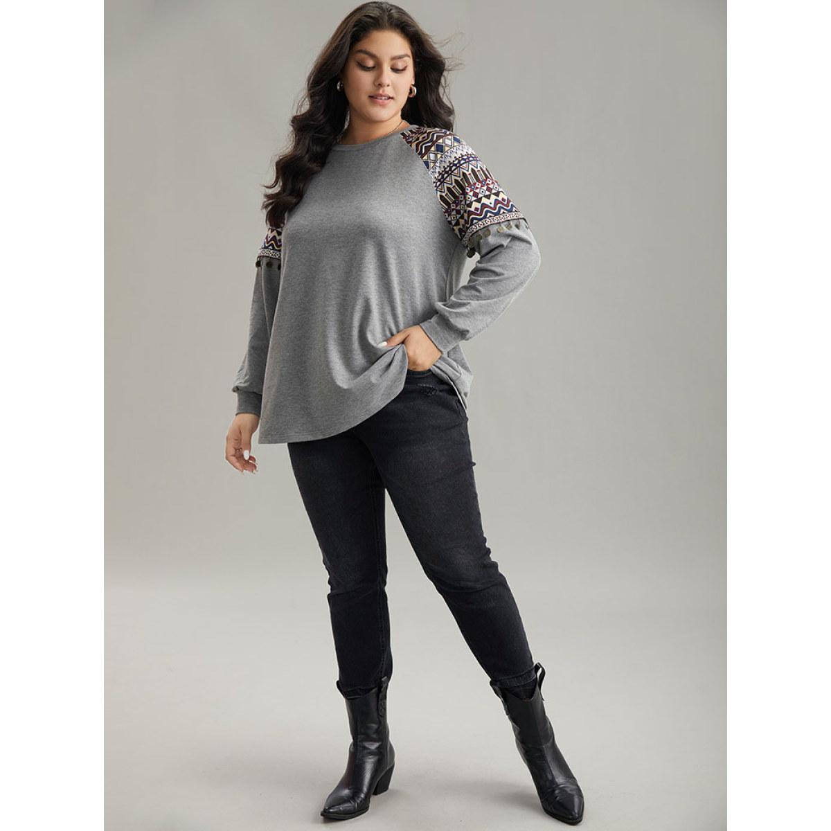 Plus Size Bandana Print Raglan Sleeve Crew Neck Sweatshirt Women Gray Casual Elastic cuffs Round Neck Dailywear Sweatshirts BloomChic 14-16/1X Product Image