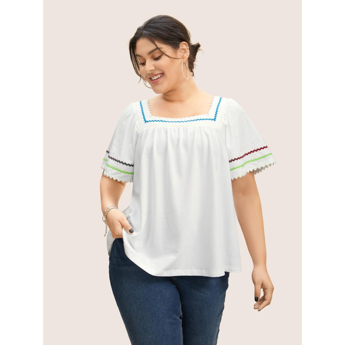 Plus Size Cotton Woven Ribbon Contrast Ruffle Sleeve T-shirt Originalwhite Women Casual Woven ribbon&lace trim Square Neck Everyday T-shirts BloomChic 30/6X Product Image