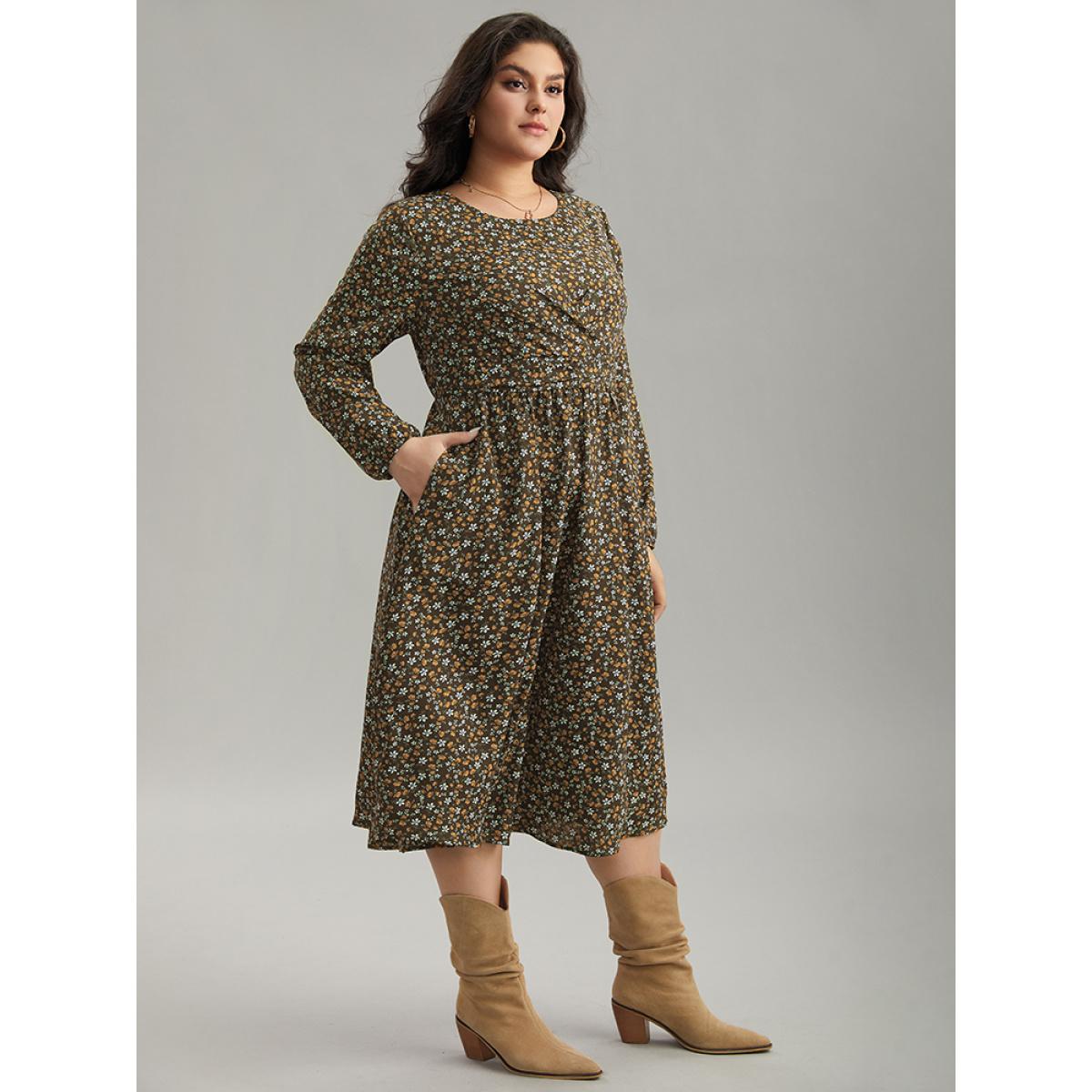 Plus Size Ditsy Floral Pocket Lantern Sleeve Knee Dress Bronze Women Elegant Elastic cuffs Round Neck Long Sleeve Curvy Midi Dress BloomChic 28/5X Product Image