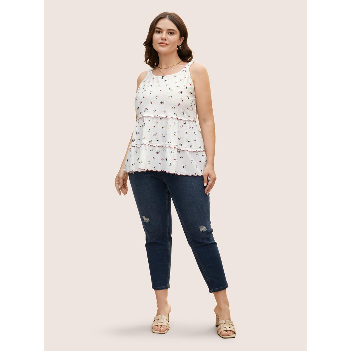 Plus Size Ditsy Floral Tiered Hem Scalloped Trim Cami Top Women Originalwhite Elegant Contrast Non Everyday Tank Tops Camis BloomChic 18-20/2X Product Image