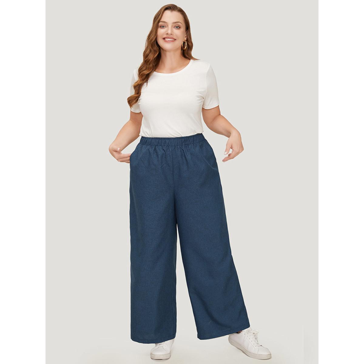 Plus Size Solid Button Detail Wide Leg Pants Women Black Workwear Essentials Wide Leg High Rise Office Pants BloomChic 14-16/1X Product Image