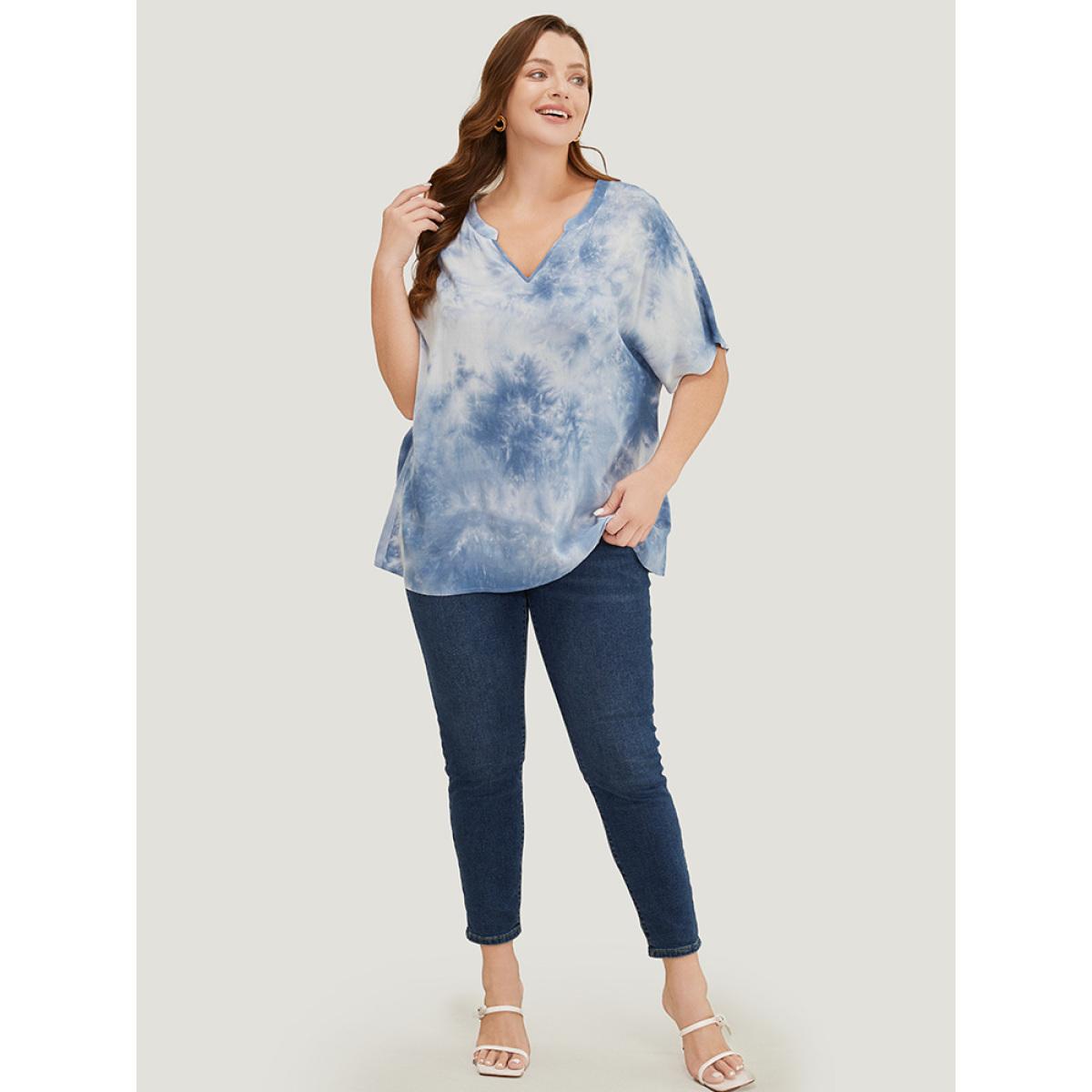 Plus Size Stone Tie Dye Notched Dolman Sleeve Blouse Women Vacation Short sleeve Notched collar Dailywear Blouses BloomChic 12/L Product Image