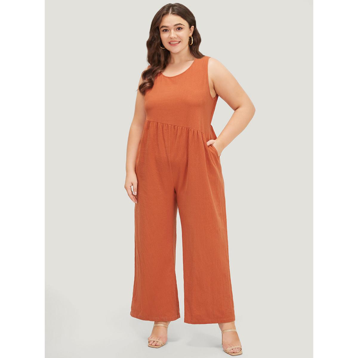 Plus Size OrangeRed Plain Pocket Zipper Patchwork Tank Jumpsuit Women Casual Sleeveless Round Neck Dailywear Loose Jumpsuits BloomChic 22-24/3X Product Image
