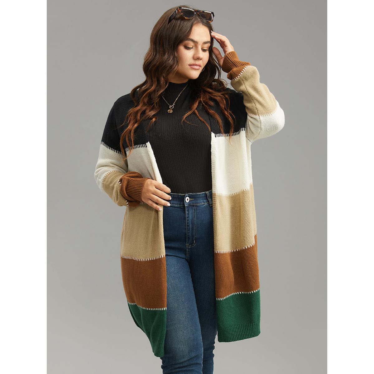 Plus Size Colorblock Patchwork Elastic Cuffs Open Front Cardigan Multicolor Women Casual Loose Long Sleeve Dailywear Cardigans BloomChic 18-20/2X Product Image