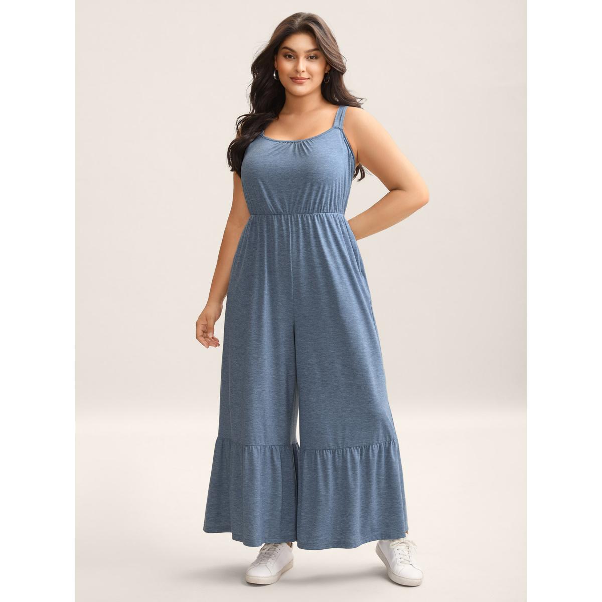 Plus Size Stone Supersoft Tiered Hem Stretchy Waist Jumpsuit Women Sleeveless Round Neck Everyday-Casual Loose Jumpsuits BloomChic 10/M Product Image