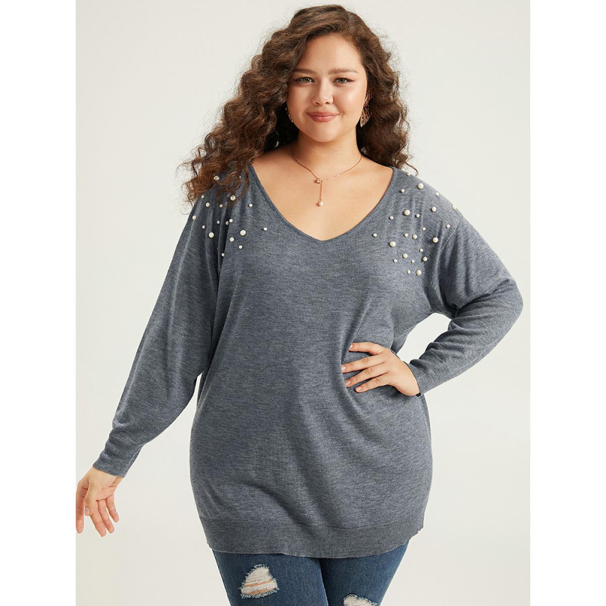 Plus Size Supersoft Essentials Heather Pearl Beaded V Neck Pullover SlateGray Women Casual Loose Long Sleeve V-neck Dailywear Pullovers BloomChic 22-24/3X Product Image