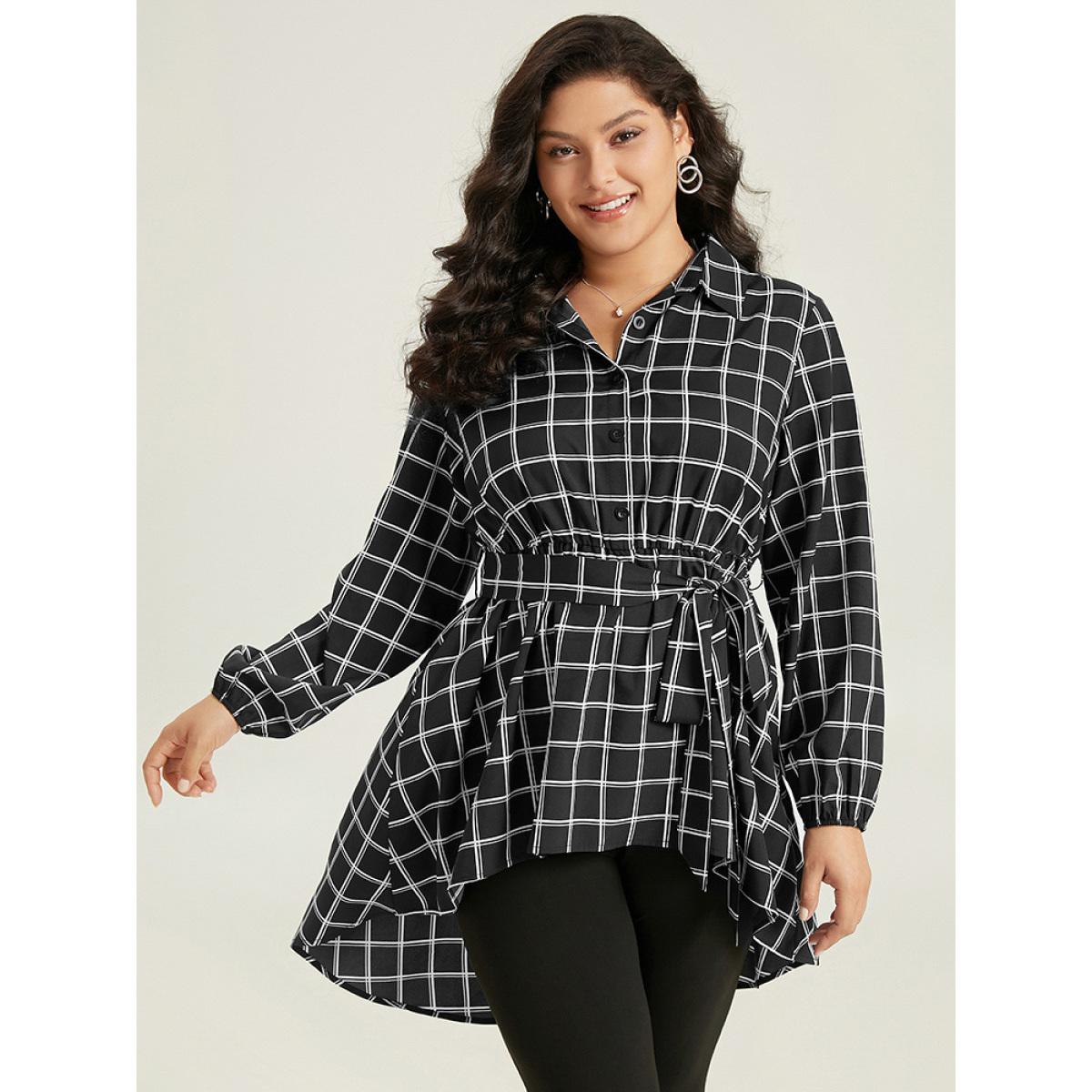 Plus Size Black Plaid Button Up Belted High Low Hem Blouse Women Office Long Sleeve Shirt collar Office Blouses BloomChic 22-24/3X Product Image