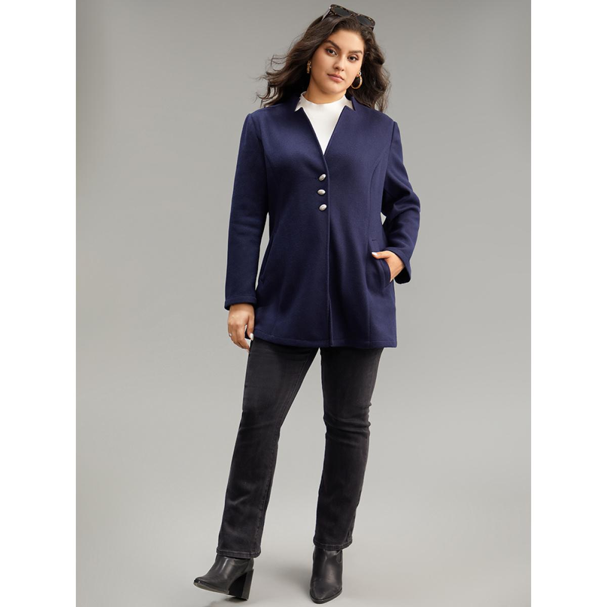Plus Size Solid Button Up Pocket Jacket Women DarkBlue Casual Plain Ladies Dailywear Winter Coats BloomChic 30/6X Product Image