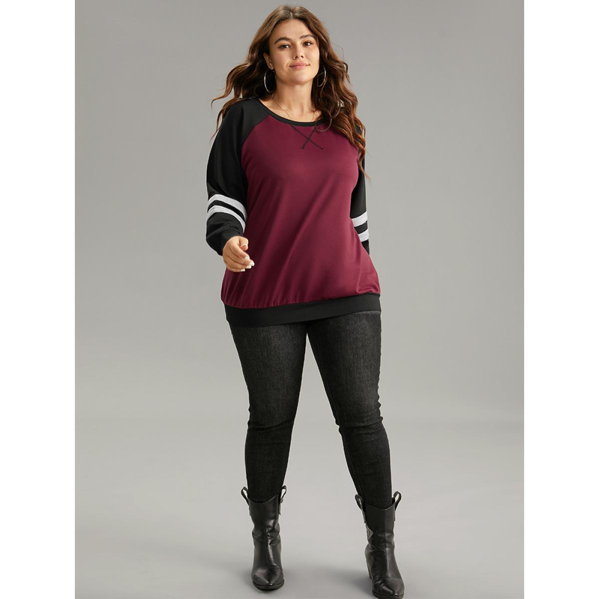 Plus Size Striped Contrast Raglan Sleeve Stitch Sweatshirt Women Burgundy Casual Contrast Round Neck Everyday Sweatshirts BloomChic 12/L Product Image