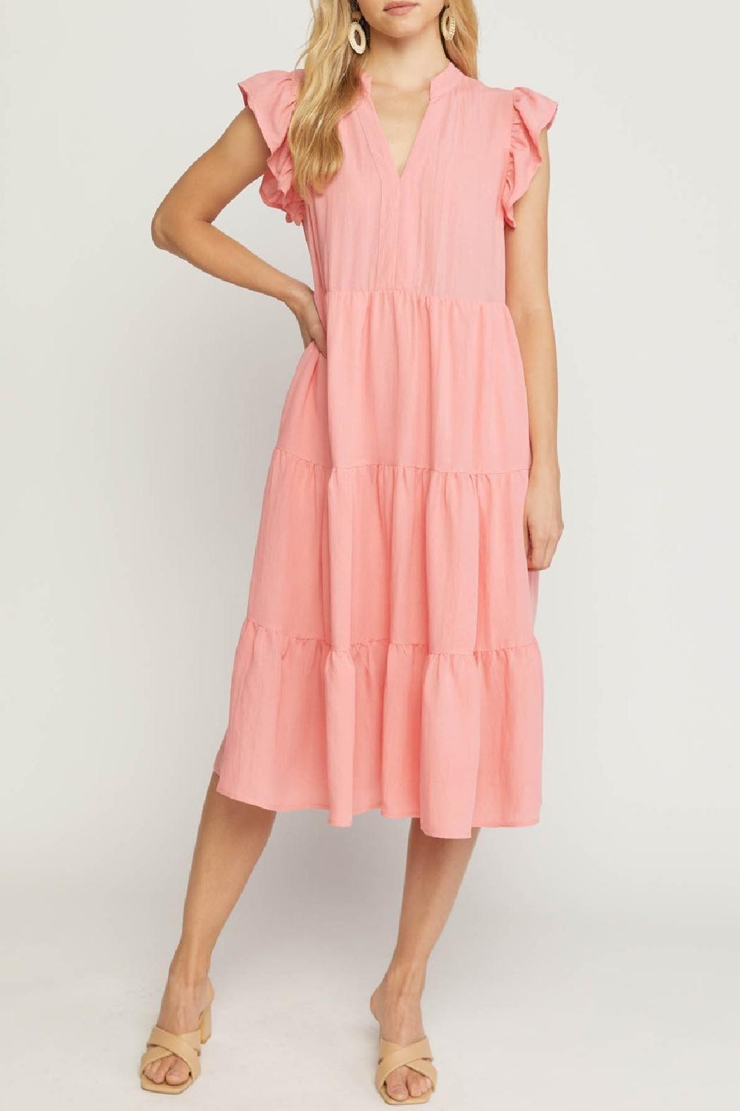 Knee Length Ruffle Sleeve Dress Product Image