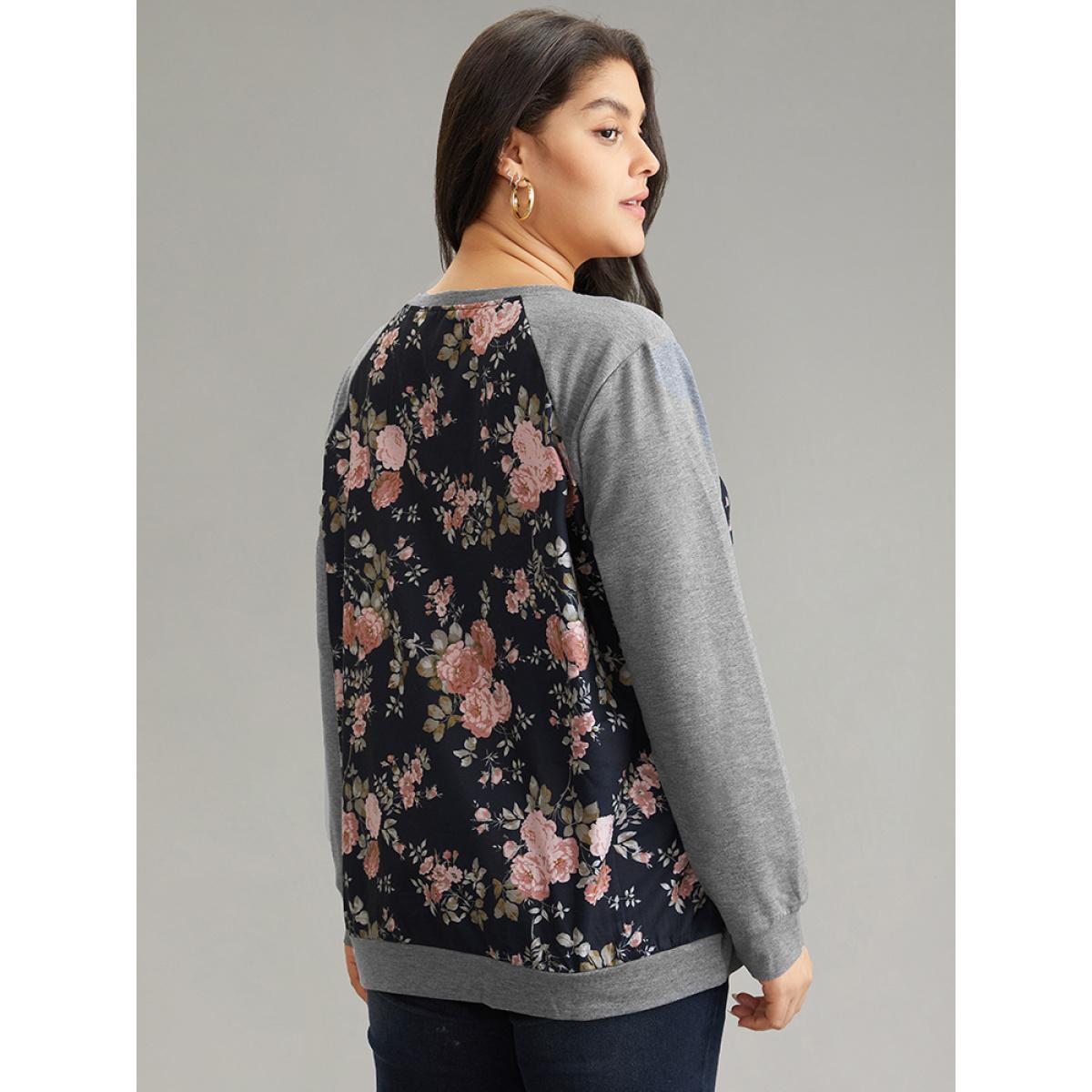 Plus Size Floral Patchwork Raglan Sleeve Sweatshirt Women Indigo Elegant Contrast Round Neck Everyday Sweatshirts BloomChic 18-20/2X Product Image