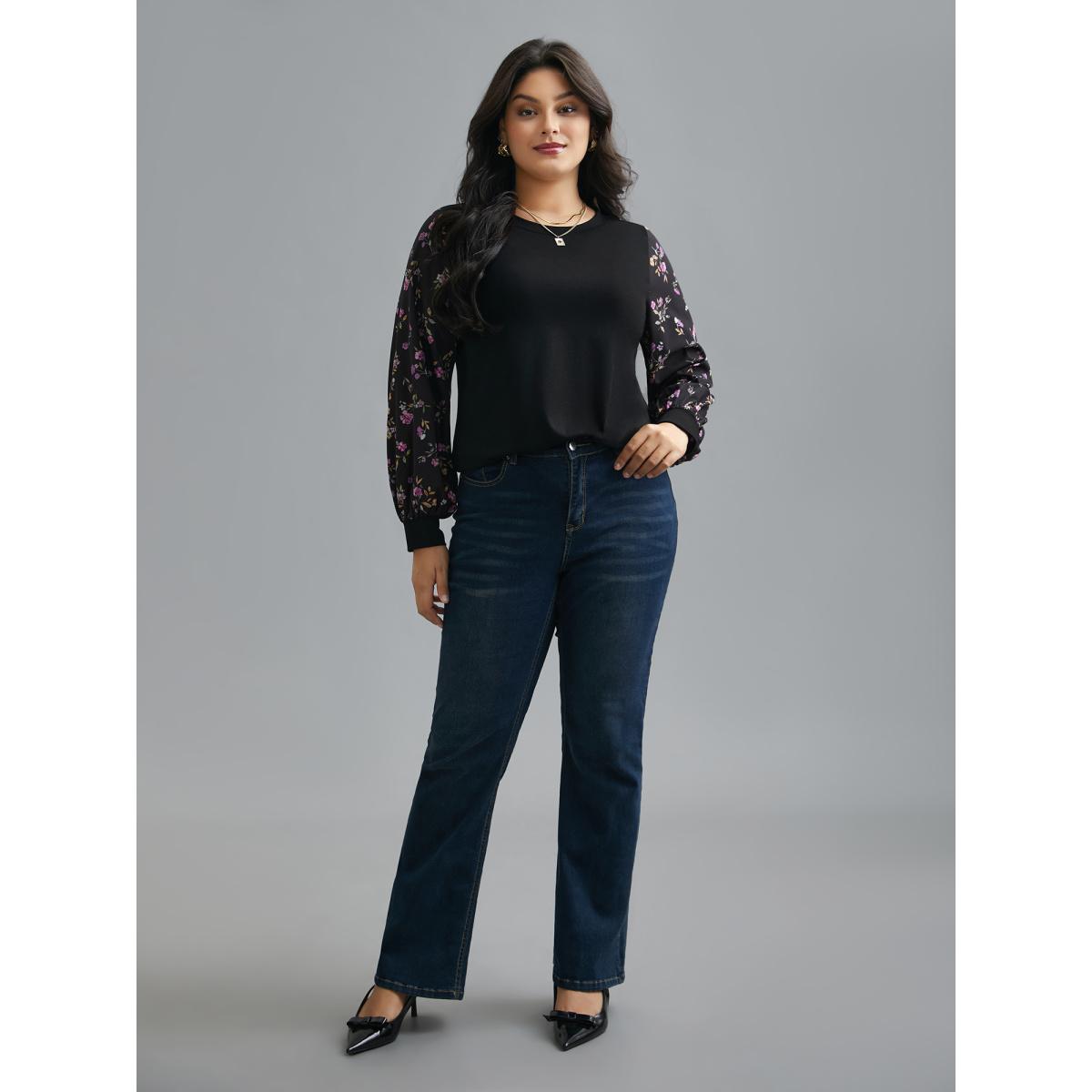 Plus Size Floral Spliced Sleeve Stretchy T-Shirt Black Women Elegant Contrast Natural Flowers Round Neck Everyday T-shirts BloomChic 14-16/1X Product Image