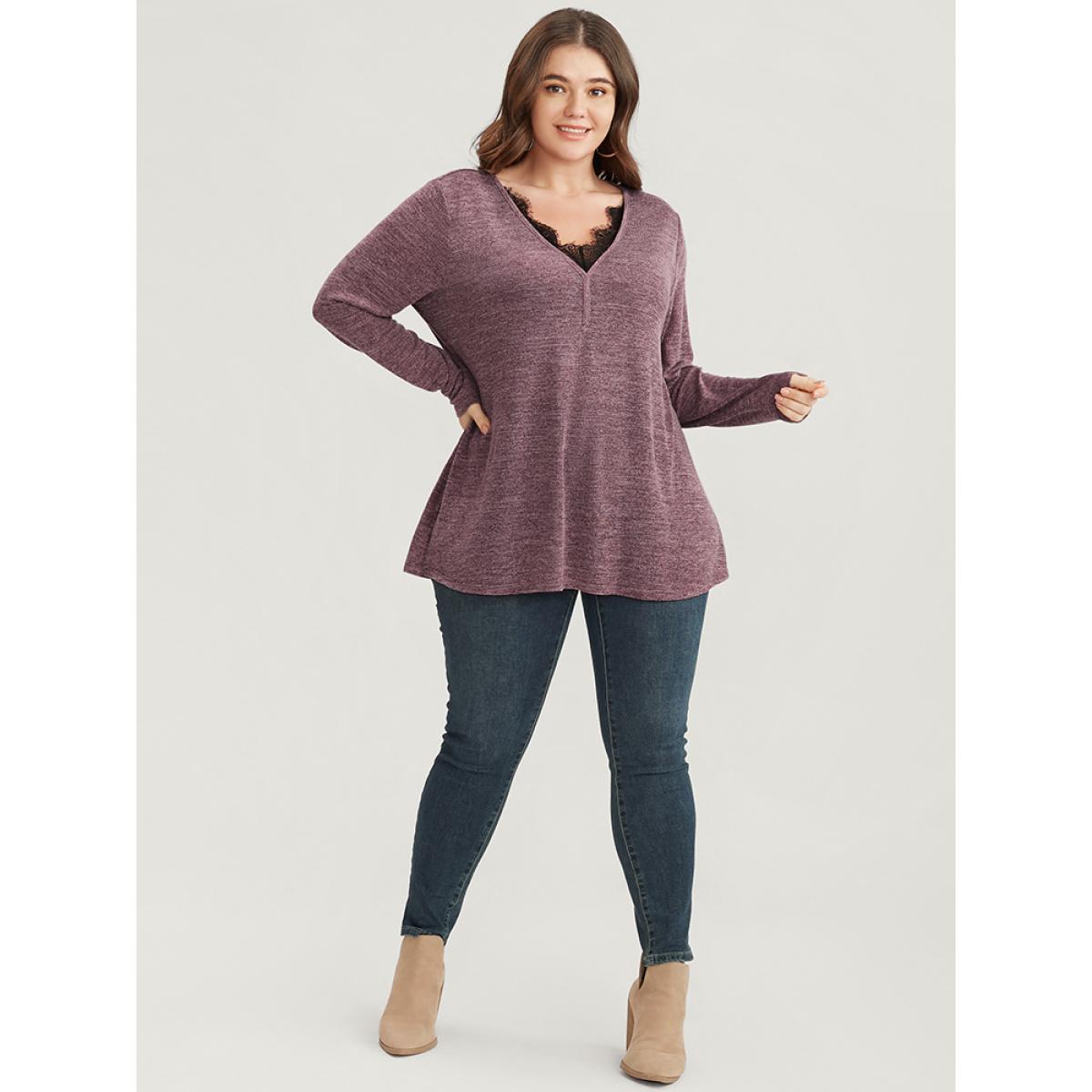 Plus Size Solid Lace Trim V Neck Long Tee Burgundy Women Elegant Lace Plain V-neck Dailywear T-shirts BloomChic 26/4X Product Image