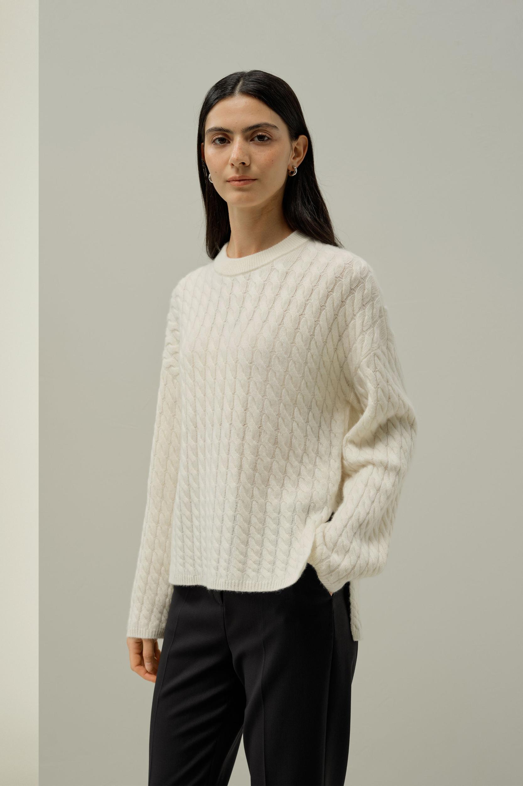 Round-Neck Cable-Knit Cashmere Sweater Product Image