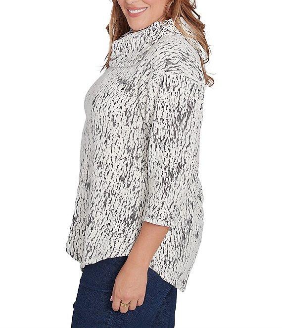 Ruby Rd. Plus Size Knit Faux Fois Bois Print Split Cowl Neck 3/4 Sleeve Asymmetric Hem Sweater Product Image