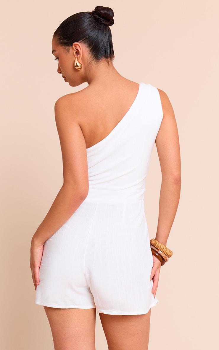 White Linen Look Bead Detail One Shoulder Romper Product Image
