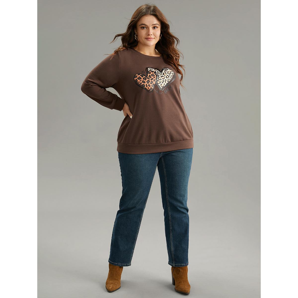 Plus Size Heart Leopard Round Neck Sweatshirt Women DarkBrown Casual Printed Dailywear Sweatshirts BloomChic 14-16/1X Product Image