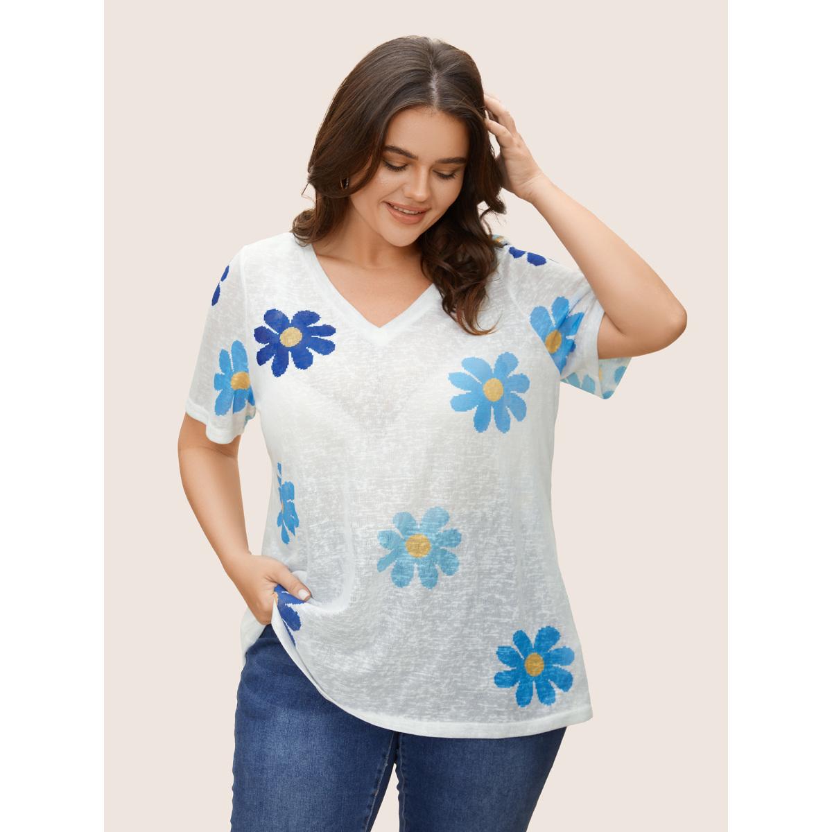Plus Size Colored Floral V Neck See Through T-Shirt Multicolor Women Playful See through Art&design V-neck Casual T-shirts BloomChic 10/M Product Image