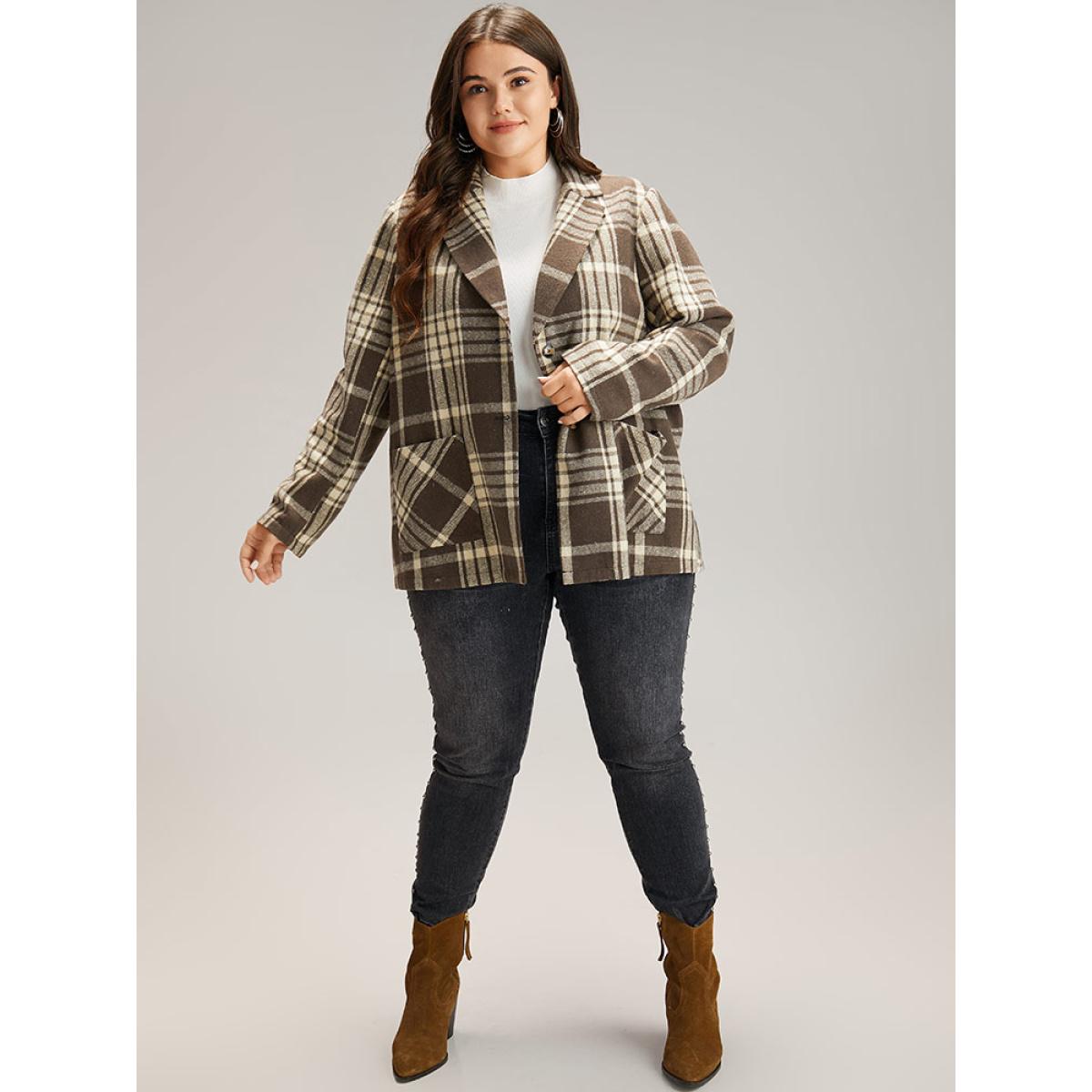 Plus Size Plaid Patched Pocket Button Through Coat Women DarkBrown Casual Contrast Ladies Dailywear Winter Coats BloomChic 28/5X Product Image