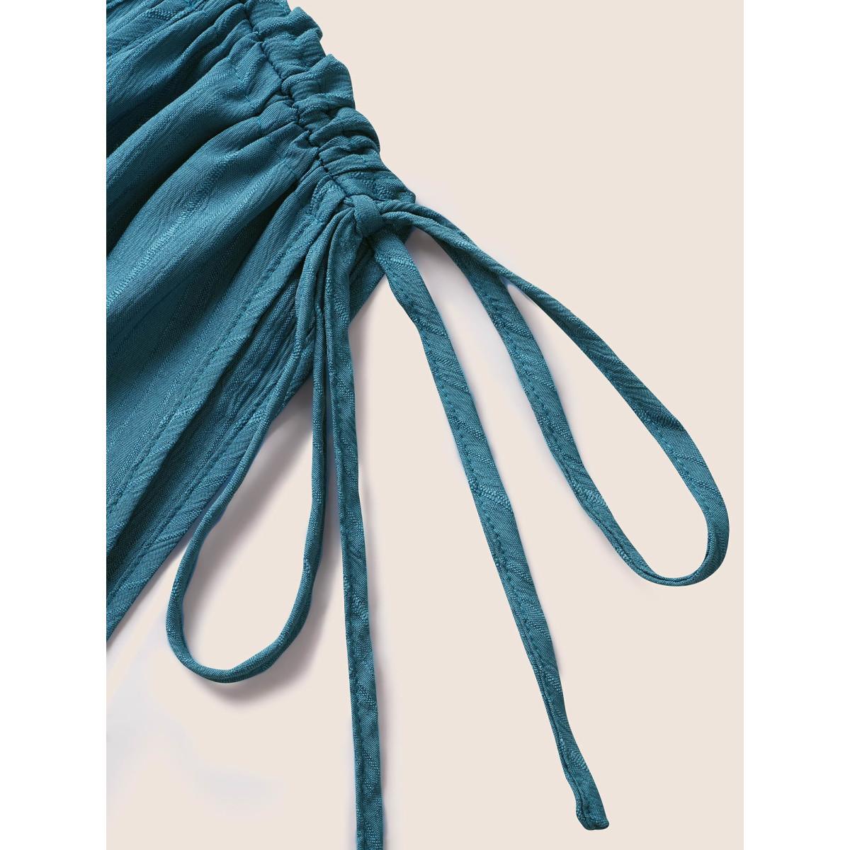 Plus Size Plain Textured Drawstring Ruffle Hem Dress Cerulean Women At the Office Texture V-neck Sleeveless Curvy BloomChic 22-24/3X Product Image