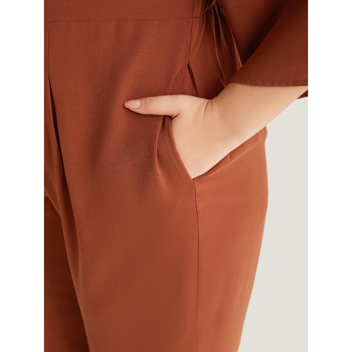 Plus Size Brown Plain Crisscross Plicated Detail Flutter Sleeve Jumpsuit Women Elegant Elbow-length sleeve V-neck Dailywear Loose Jumpsuits BloomChic 12/L Product Image
